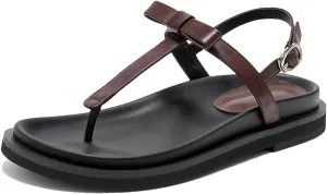 Women's Calfskin Flip-Flop Sandals - T-Strap Beach Dress Summer Casual Flats