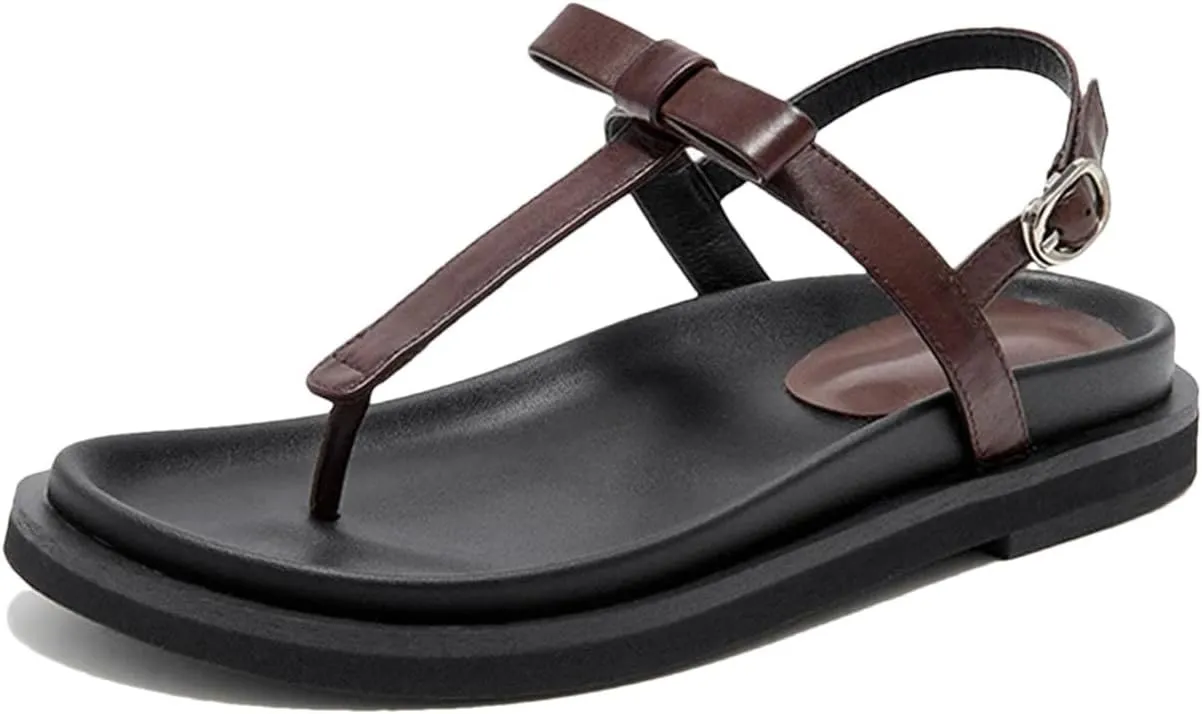 Women's Calfskin Flip-Flop Sandals - T-Strap Beach Dress Summer Casual Flats