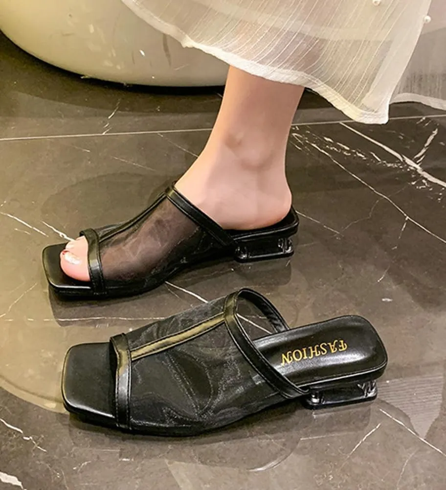 Womens Chunky Heels Mules Mesh Square Open Toe Dress Shoes Breathable Comfort Casual Beach Slip On Summer Heeled Sandals 2025