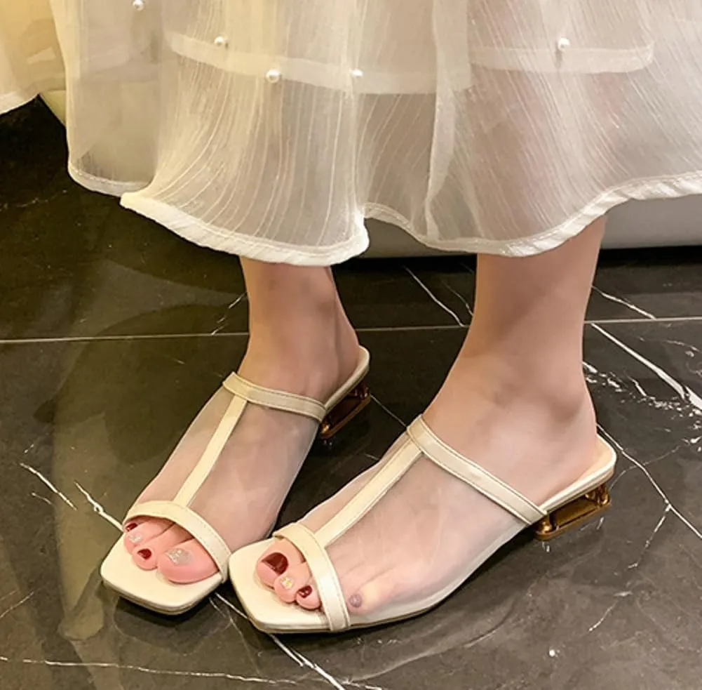 Womens Chunky Heels Mules Mesh Square Open Toe Dress Shoes Breathable Comfort Casual Beach Slip On Summer Heeled Sandals 2025