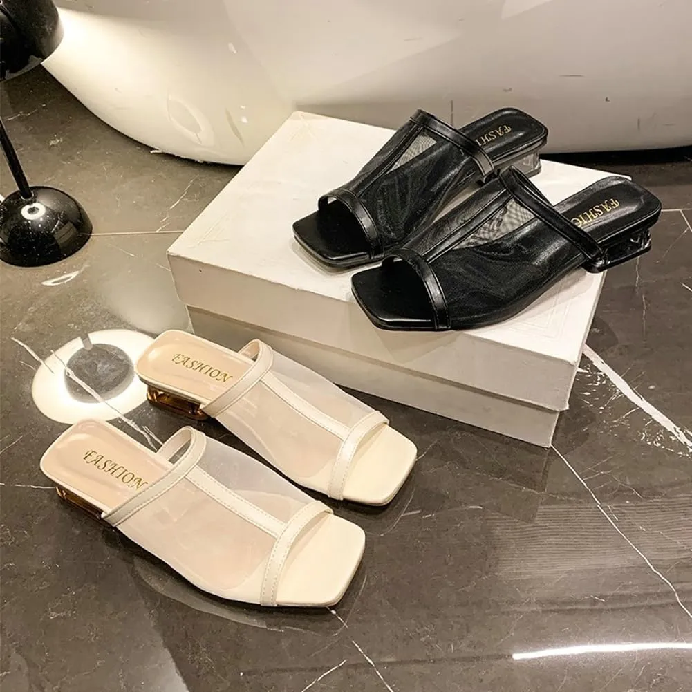 Womens Chunky Heels Mules Mesh Square Open Toe Dress Shoes Breathable Comfort Casual Beach Slip On Summer Heeled Sandals 2025