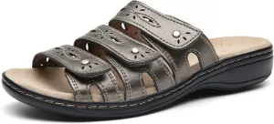 Women's Classic Leather Sandals Slide Casual Sandals with Arch Support Adjustable Hook and Loop Straps Slip-On Shoes Outdoor 2024