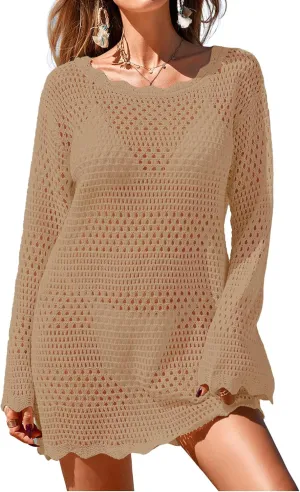 Womens Crochet Knit Swimsuit Coverup Mini Dress Summer 2025 Boat Neck Wavy Trim Beach Bathing Suit Cover Up