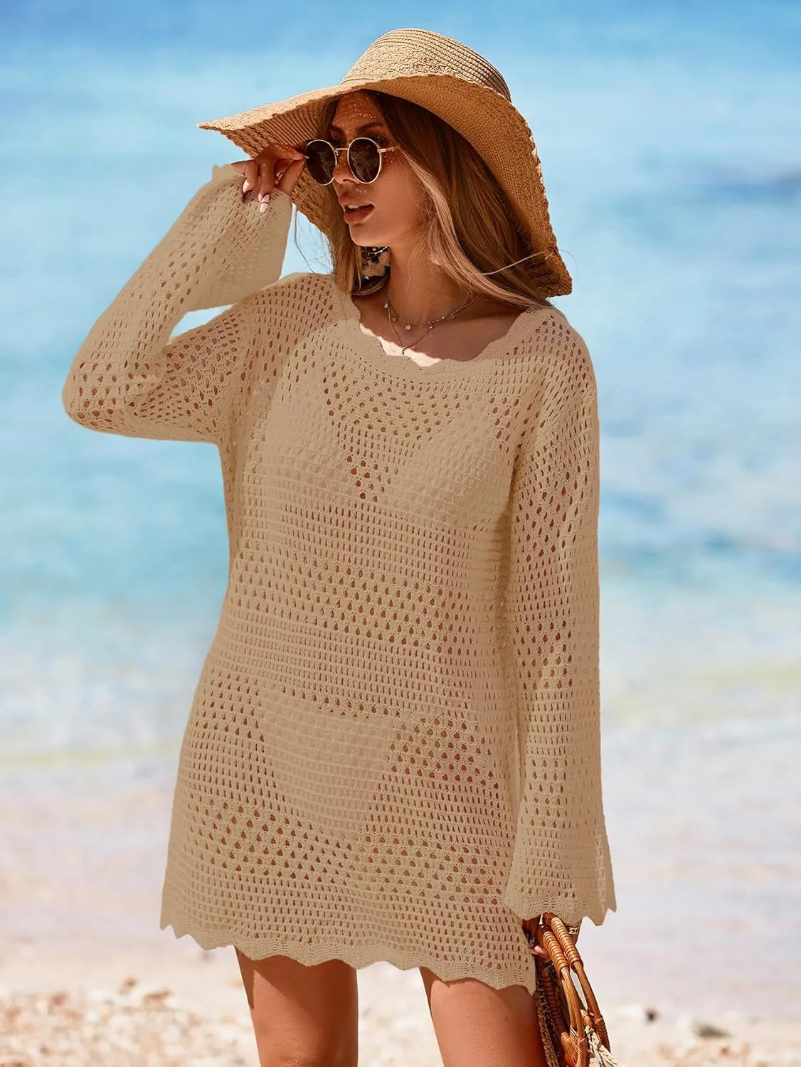 Womens Crochet Knit Swimsuit Coverup Mini Dress Summer 2025 Boat Neck Wavy Trim Beach Bathing Suit Cover Up