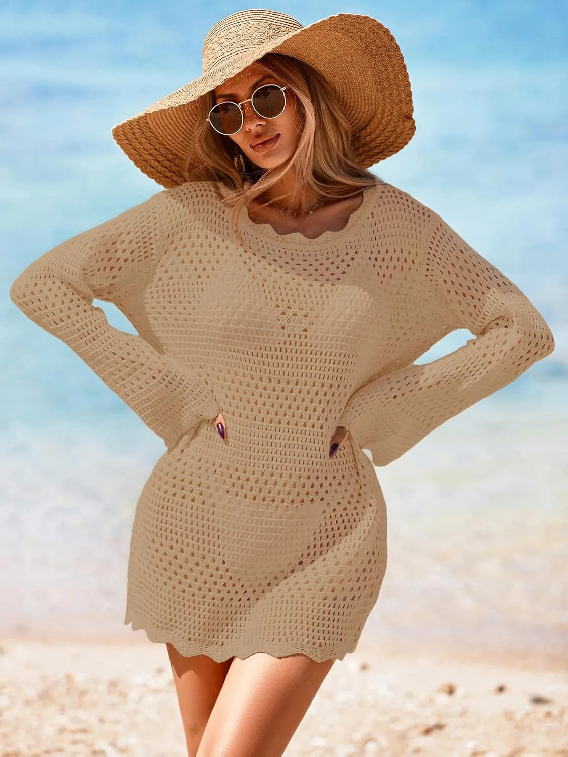 Womens Crochet Knit Swimsuit Coverup Mini Dress Summer 2025 Boat Neck Wavy Trim Beach Bathing Suit Cover Up