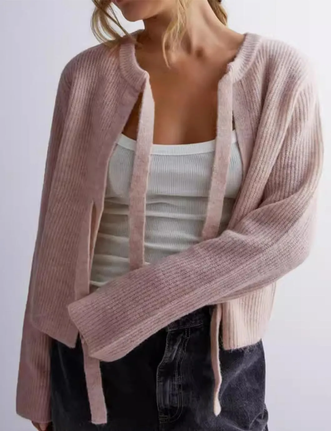 Women's Cropped Ribbed Knit Cardigan Long Sleeve Bow Tie Front Open Front Knitwear Tops