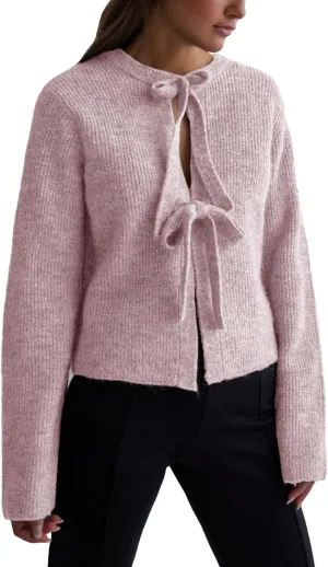 Women's Cropped Ribbed Knit Cardigan Long Sleeve Bow Tie Front Open Front Knitwear Tops