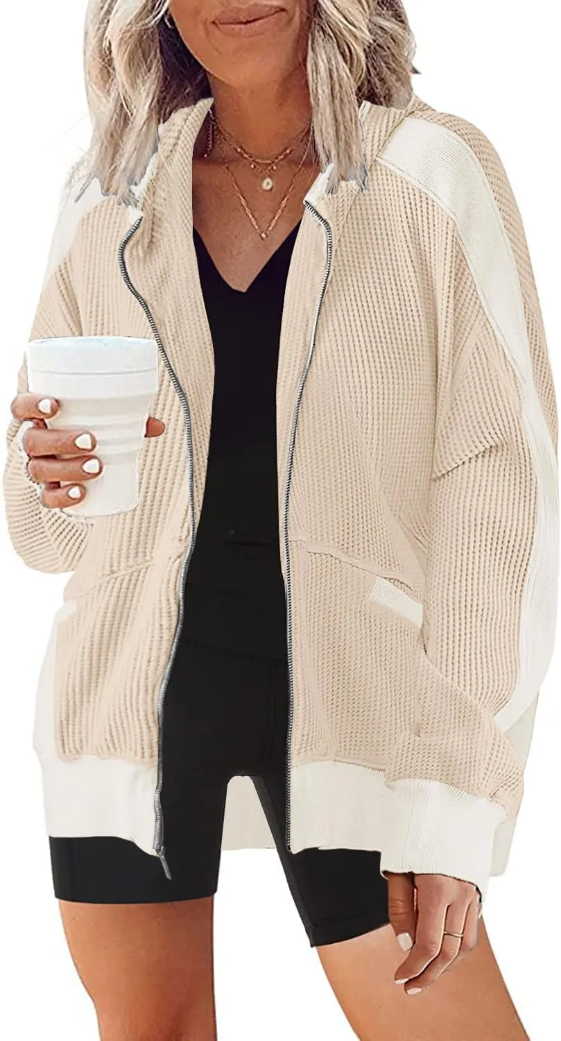 Womens Fashion Zip Up Hoodies Oversized Waffle Knit Jacket Shirts Long Sleeve Solid Shacket Blouse with Pockets