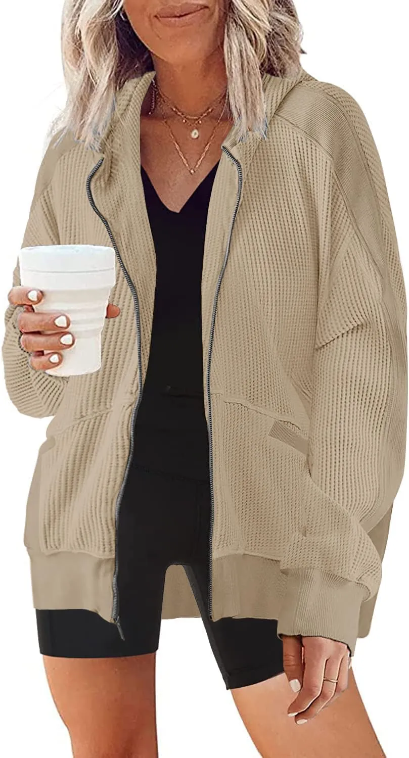 Womens Fashion Zip Up Hoodies Oversized Waffle Knit Jacket Shirts Long Sleeve Solid Shacket Blouse with Pockets