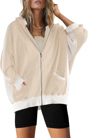 Womens Fashion Zip Up Hoodies Oversized Waffle Knit Jacket Shirts Long Sleeve Solid Shacket Blouse with Pockets