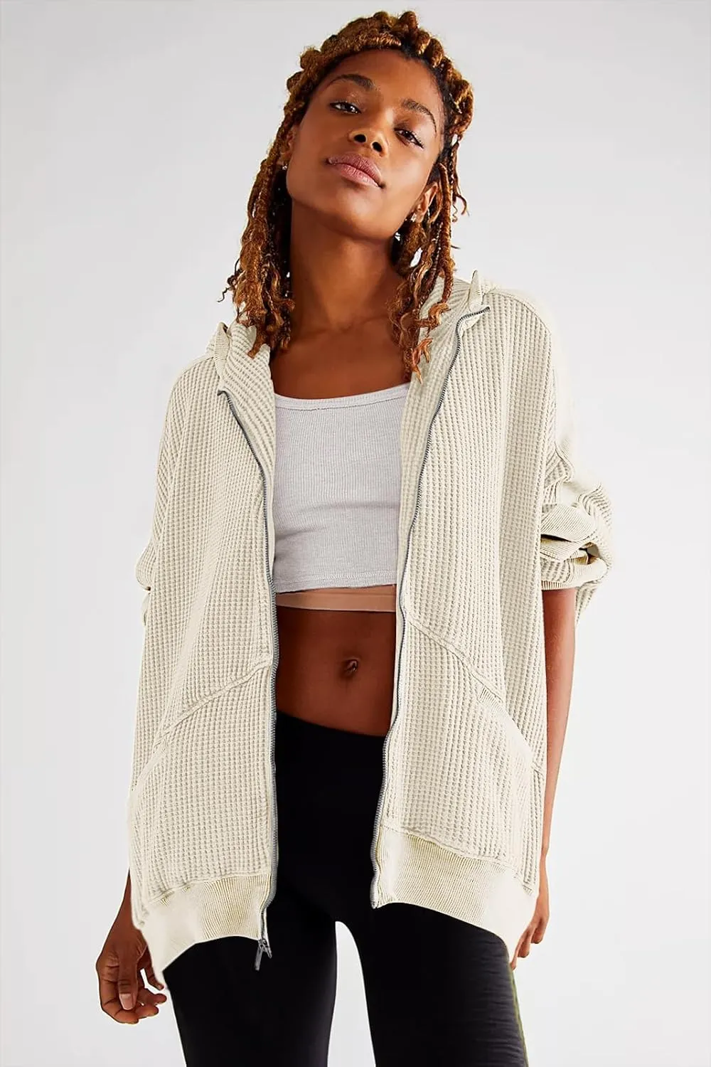 Womens Fashion Zip Up Hoodies Oversized Waffle Knit Jacket Shirts Long Sleeve Solid Shacket Blouse with Pockets