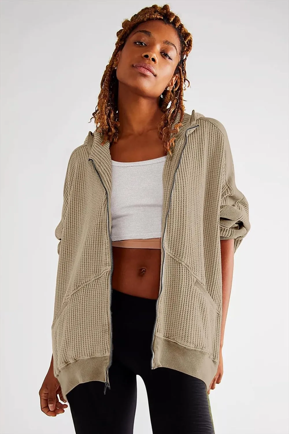 Womens Fashion Zip Up Hoodies Oversized Waffle Knit Jacket Shirts Long Sleeve Solid Shacket Blouse with Pockets
