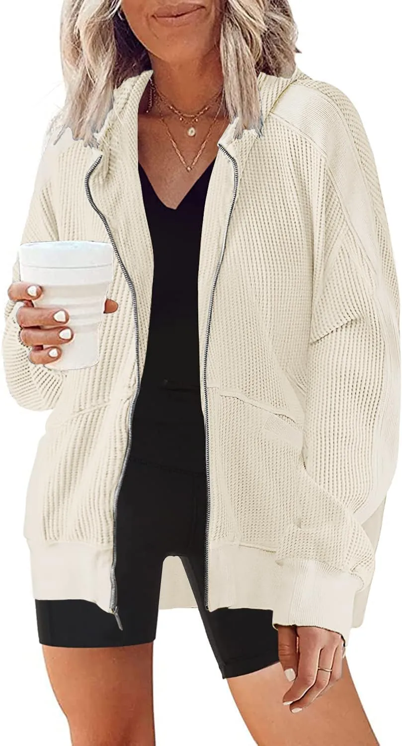 Womens Fashion Zip Up Hoodies Oversized Waffle Knit Jacket Shirts Long Sleeve Solid Shacket Blouse with Pockets