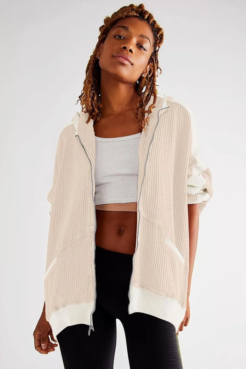 Womens Fashion Zip Up Hoodies Oversized Waffle Knit Jacket Shirts Long Sleeve Solid Shacket Blouse with Pockets