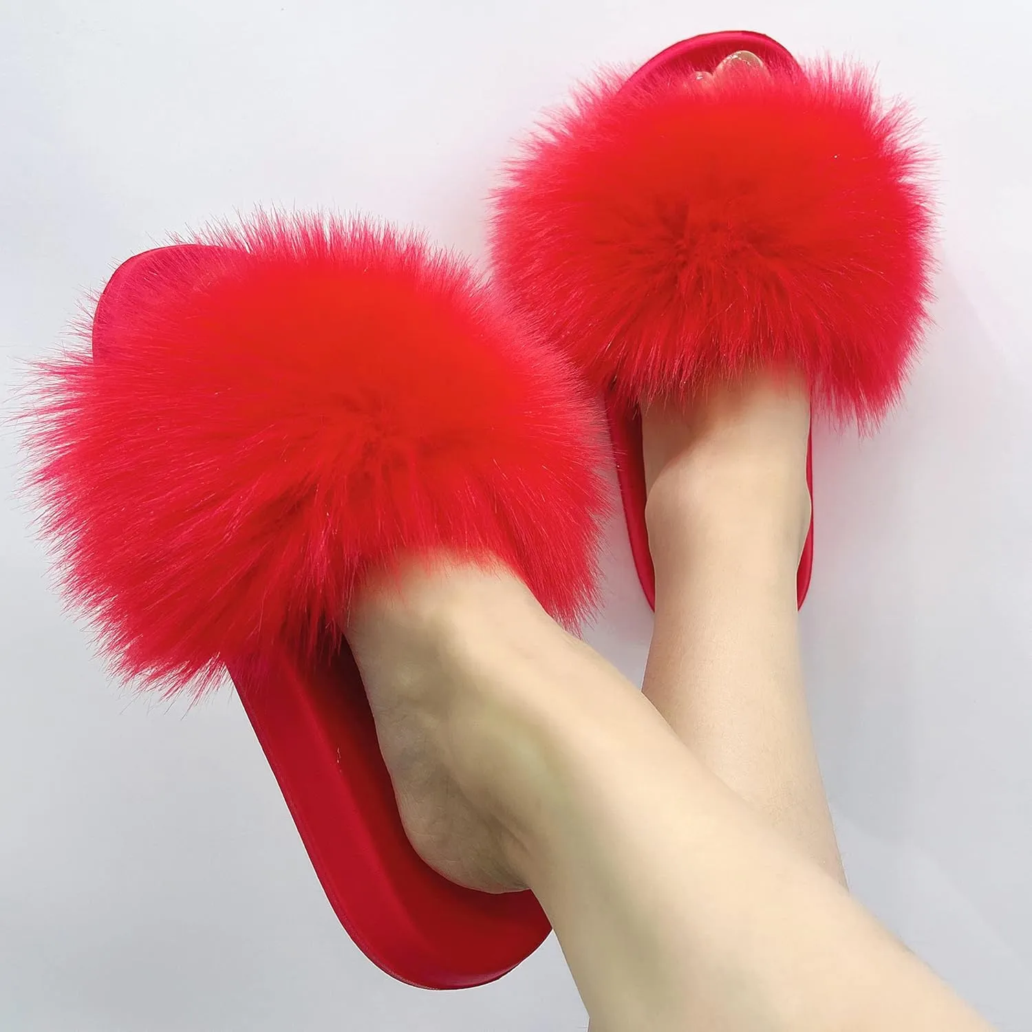 Women's Faux Fur Slides, Open Toe Cute Fur Slippers, Indoor or Outdoor Comfortable Furry Slide Sandals With Fluffy Fur