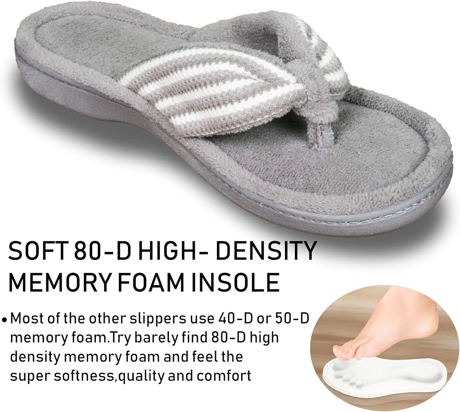 Women's Flip Flop with Cozy Terry Lining, 80-D High-Density Memory Foam Slipper Summer House Shoes with Non Skid Indoor Outdoor Sole