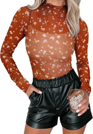 Womens Floral Mesh Top Mock Neck Long Sleeve Slim Fit See Through Shirt Blouses Tops