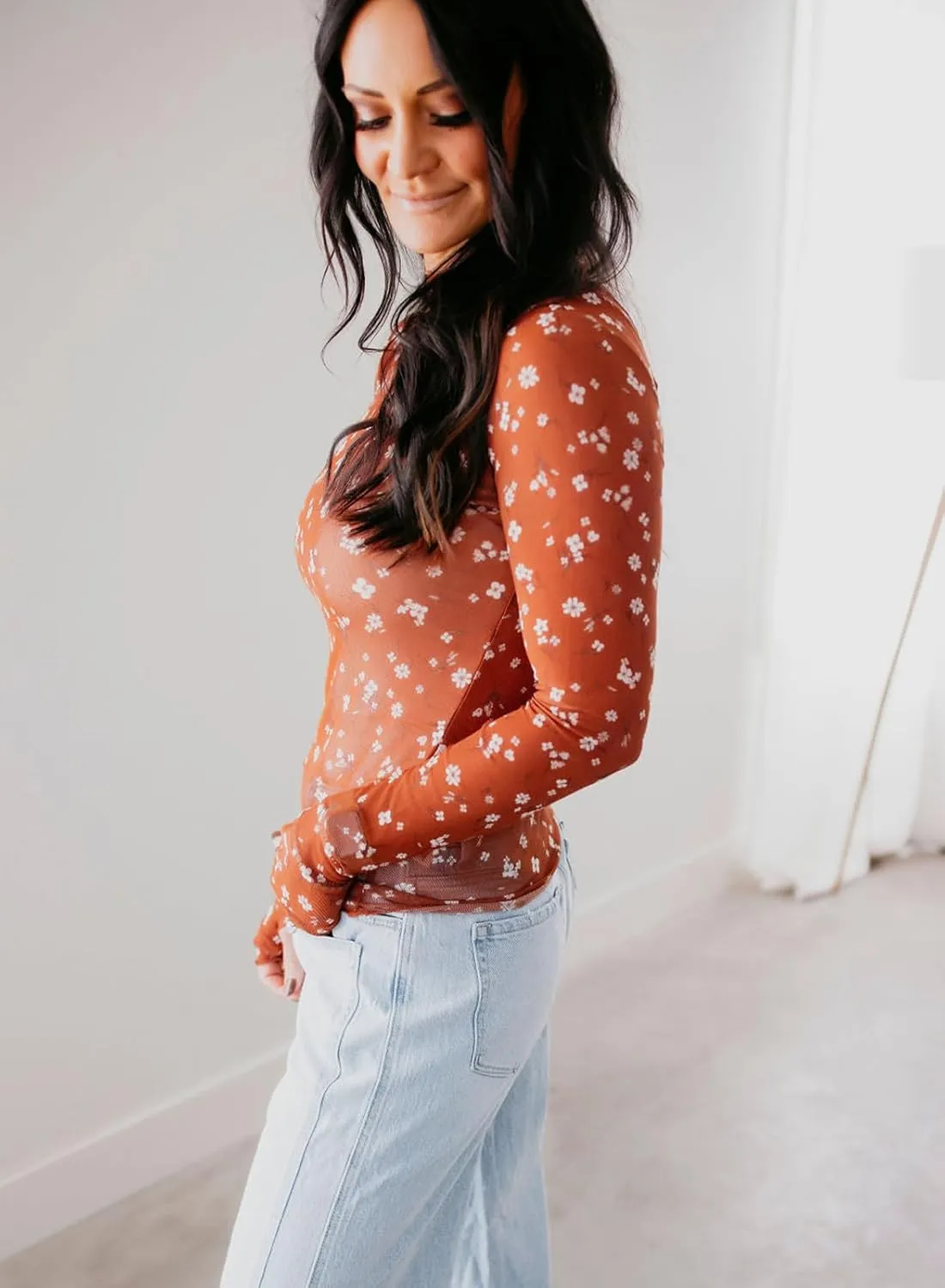 Womens Floral Mesh Top Mock Neck Long Sleeve Slim Fit See Through Shirt Blouses Tops