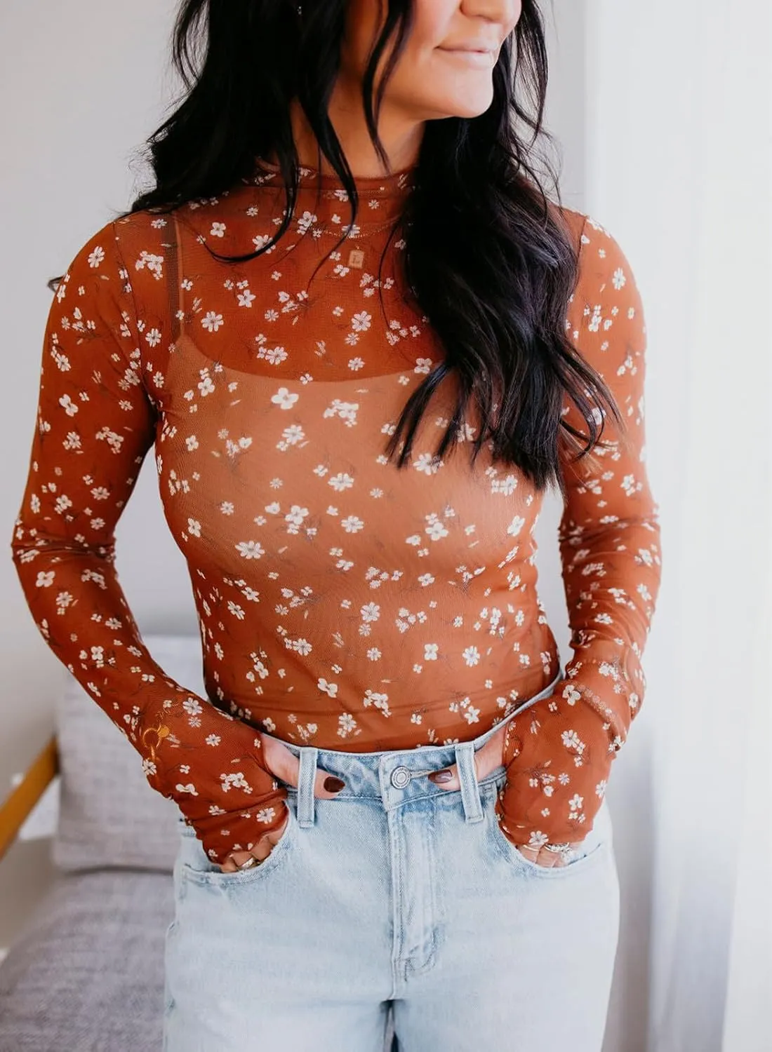 Womens Floral Mesh Top Mock Neck Long Sleeve Slim Fit See Through Shirt Blouses Tops