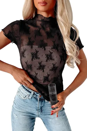 Womens Floral Sheer Mesh Lace Tops Mock Neck Short Sleeve Shirt Sexy See Through Top Y2k Blouses