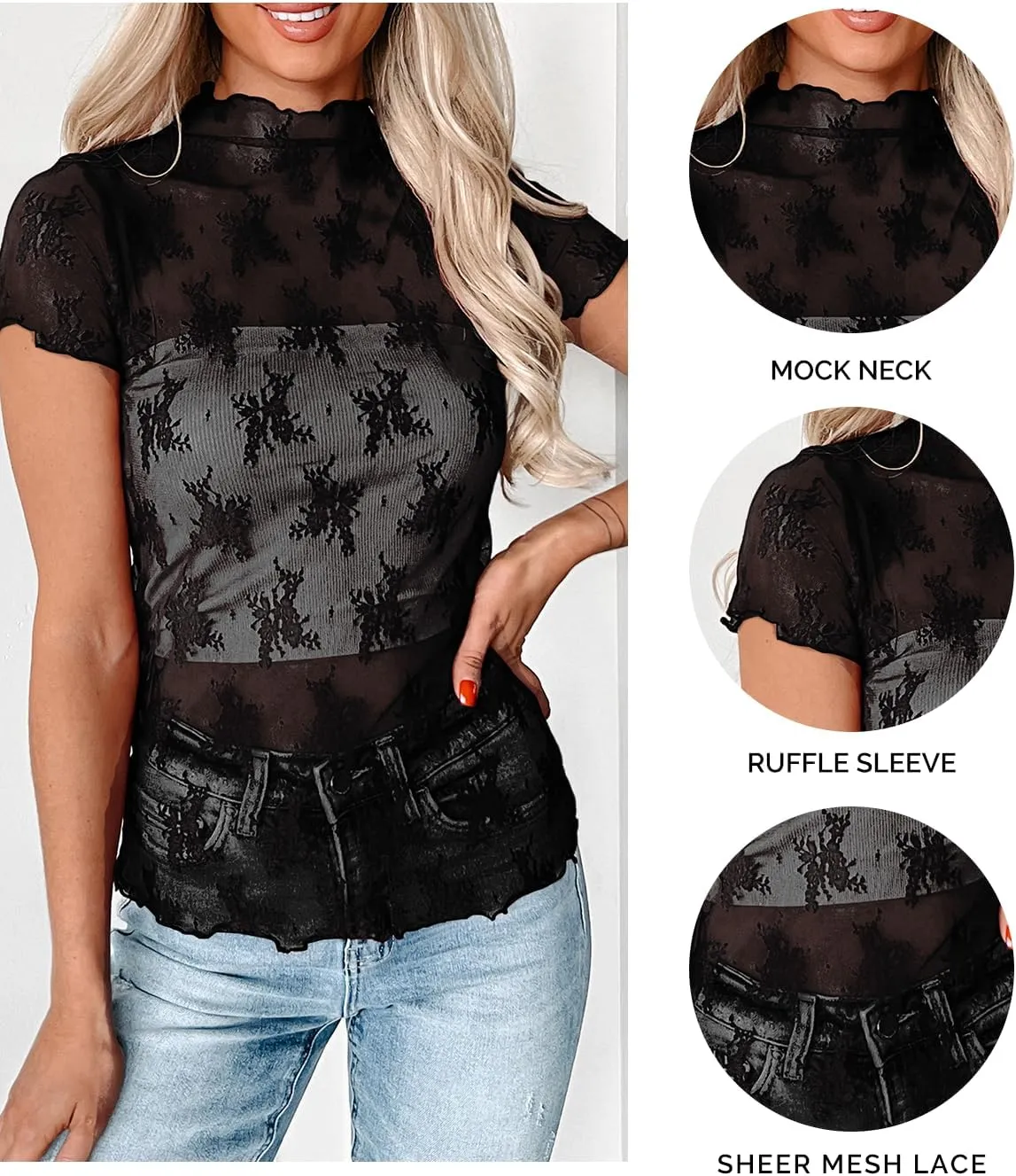 Womens Floral Sheer Mesh Lace Tops Mock Neck Short Sleeve Shirt Sexy See Through Top Y2k Blouses