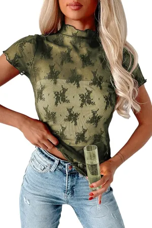 Womens Floral Sheer Mesh Lace Tops Mock Neck Short Sleeve Shirt Sexy See Through Top Y2k Blouses