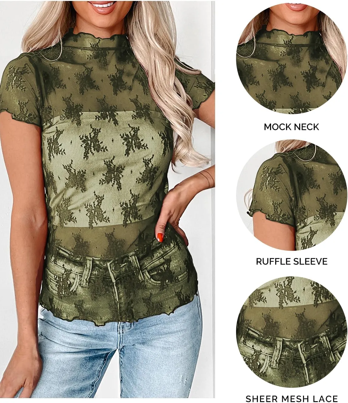 Womens Floral Sheer Mesh Lace Tops Mock Neck Short Sleeve Shirt Sexy See Through Top Y2k Blouses