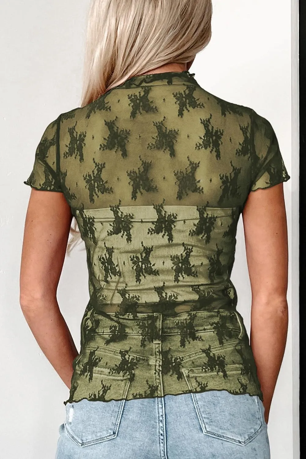 Womens Floral Sheer Mesh Lace Tops Mock Neck Short Sleeve Shirt Sexy See Through Top Y2k Blouses