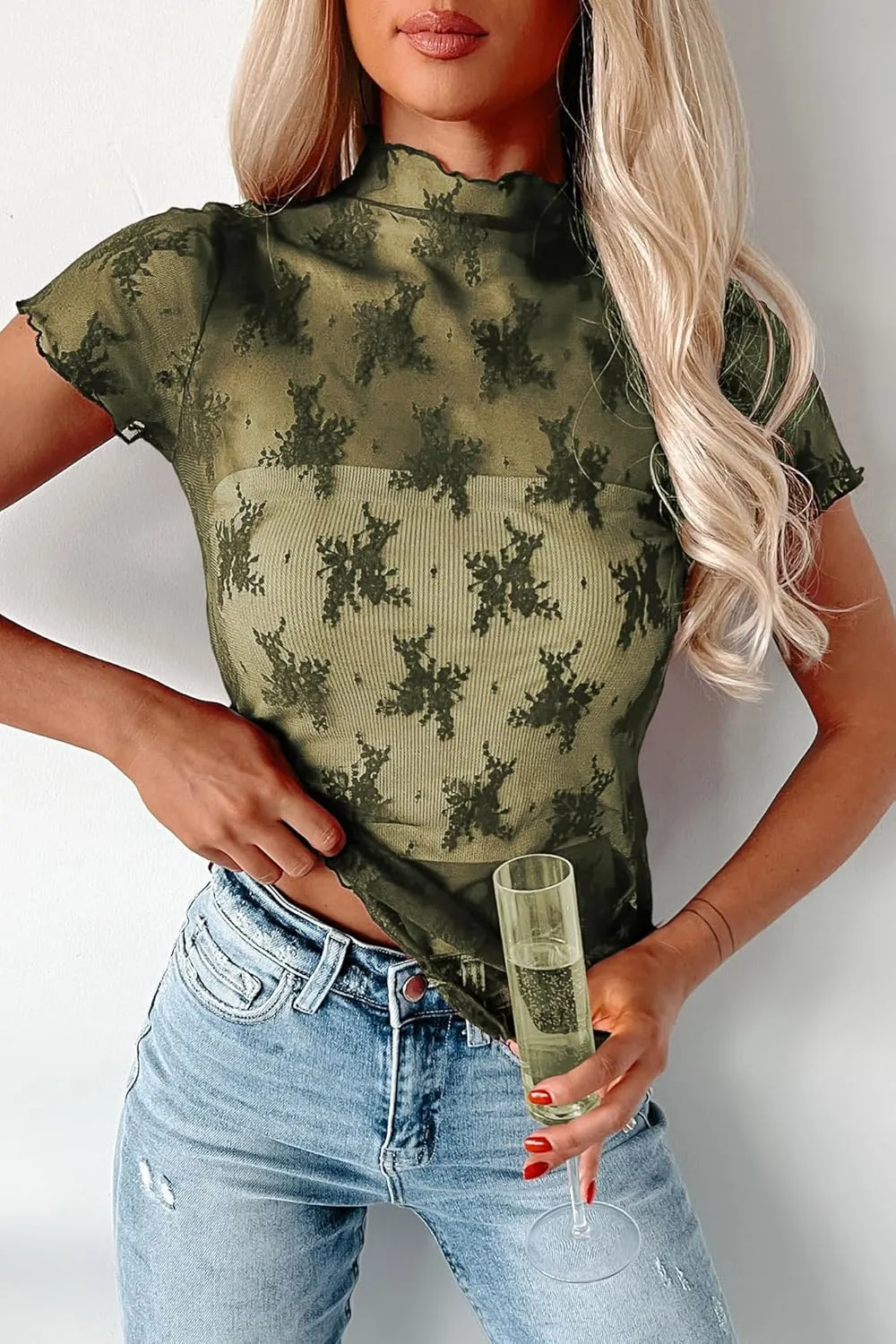 Womens Floral Sheer Mesh Lace Tops Mock Neck Short Sleeve Shirt Sexy See Through Top Y2k Blouses