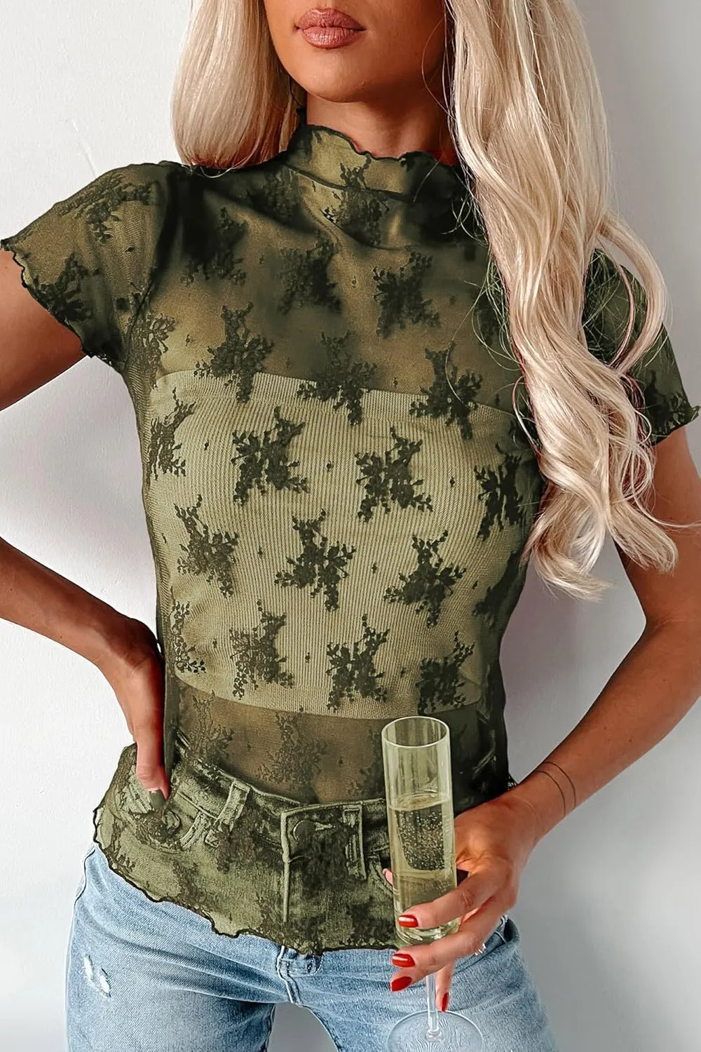 Womens Floral Sheer Mesh Lace Tops Mock Neck Short Sleeve Shirt Sexy See Through Top Y2k Blouses