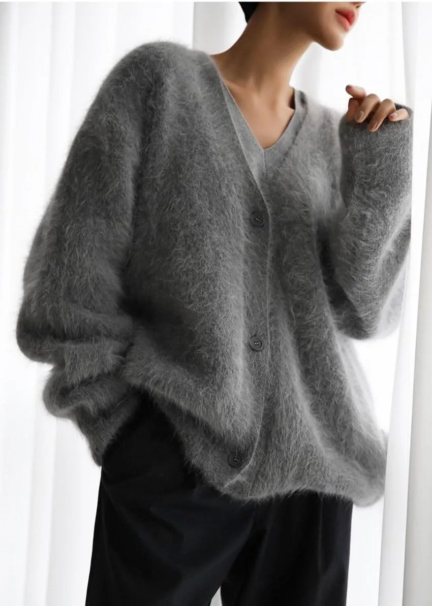 Women's Fuzzy Knit Cardigan Button Down V Neck Oversized Slouchy Furry Sweater Coat Outwear