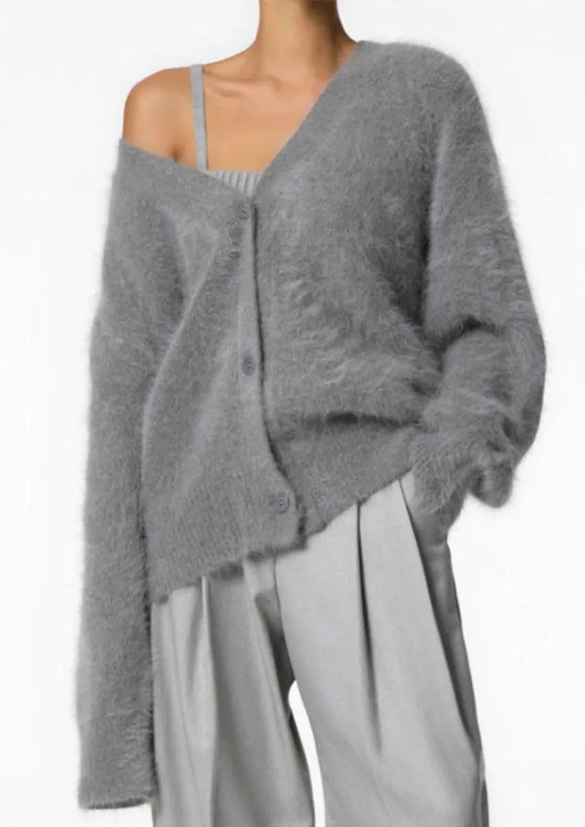 Women's Fuzzy Knit Cardigan Button Down V Neck Oversized Slouchy Furry Sweater Coat Outwear