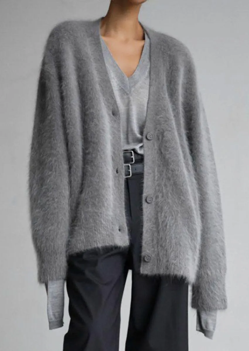 Women's Fuzzy Knit Cardigan Button Down V Neck Oversized Slouchy Furry Sweater Coat Outwear