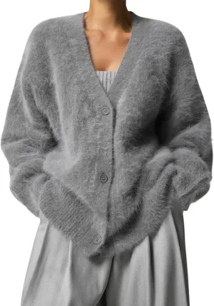 Women's Fuzzy Knit Cardigan Button Down V Neck Oversized Slouchy Furry Sweater Coat Outwear