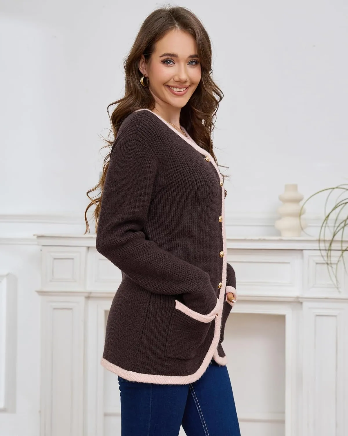 Women’s Knit Cardigan Sweaters Casual Long Sleeve Open Front Button Down Coat Trendy Winter Outerwear with Pockets,Loose Fit