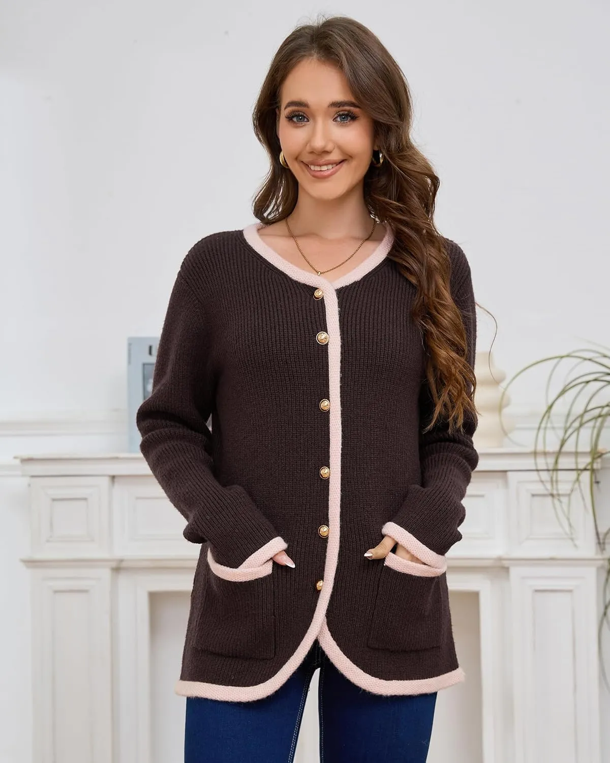 Women’s Knit Cardigan Sweaters Casual Long Sleeve Open Front Button Down Coat Trendy Winter Outerwear with Pockets,Loose Fit