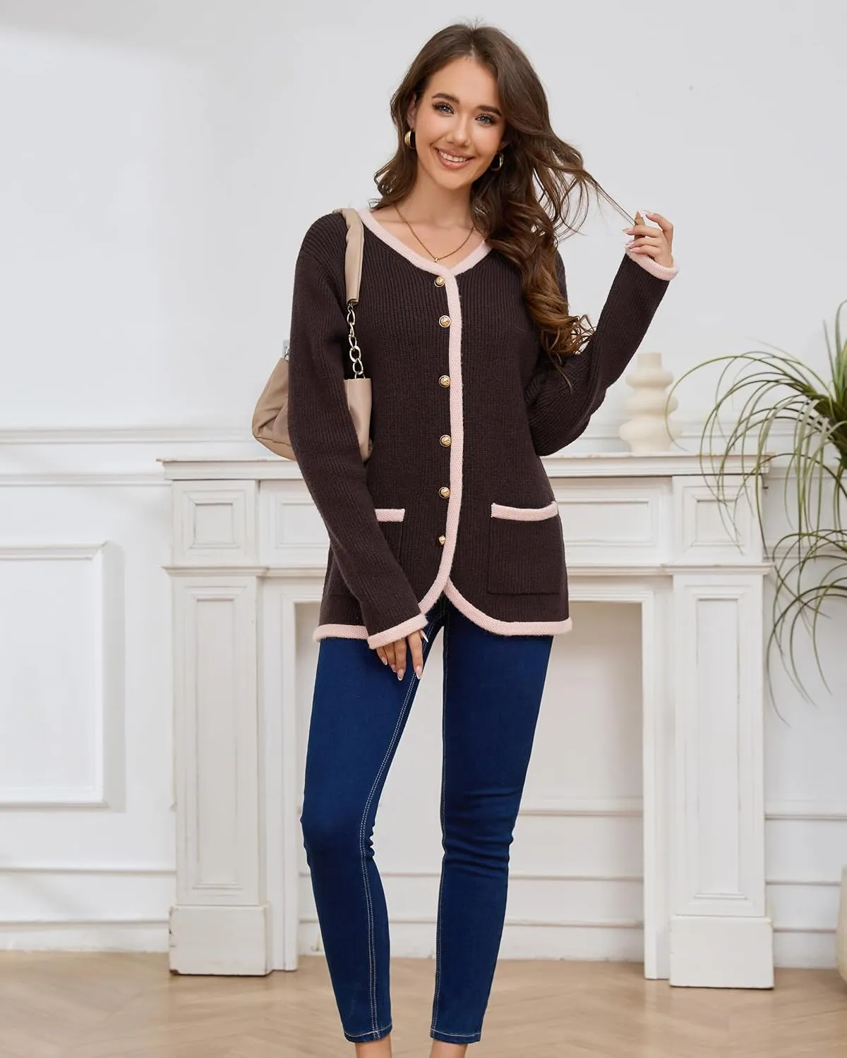 Women’s Knit Cardigan Sweaters Casual Long Sleeve Open Front Button Down Coat Trendy Winter Outerwear with Pockets,Loose Fit