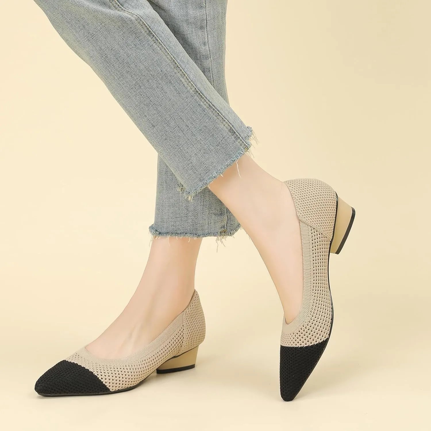 Women's Knit Pointed Toe Low Chunky Heel Pumps Fashion Mesh Hollow Shallow Mouth Slip On Low Heel Ballet Shoes Comfortable Breathable Casual Office Wedding Formal Dress Shoes
