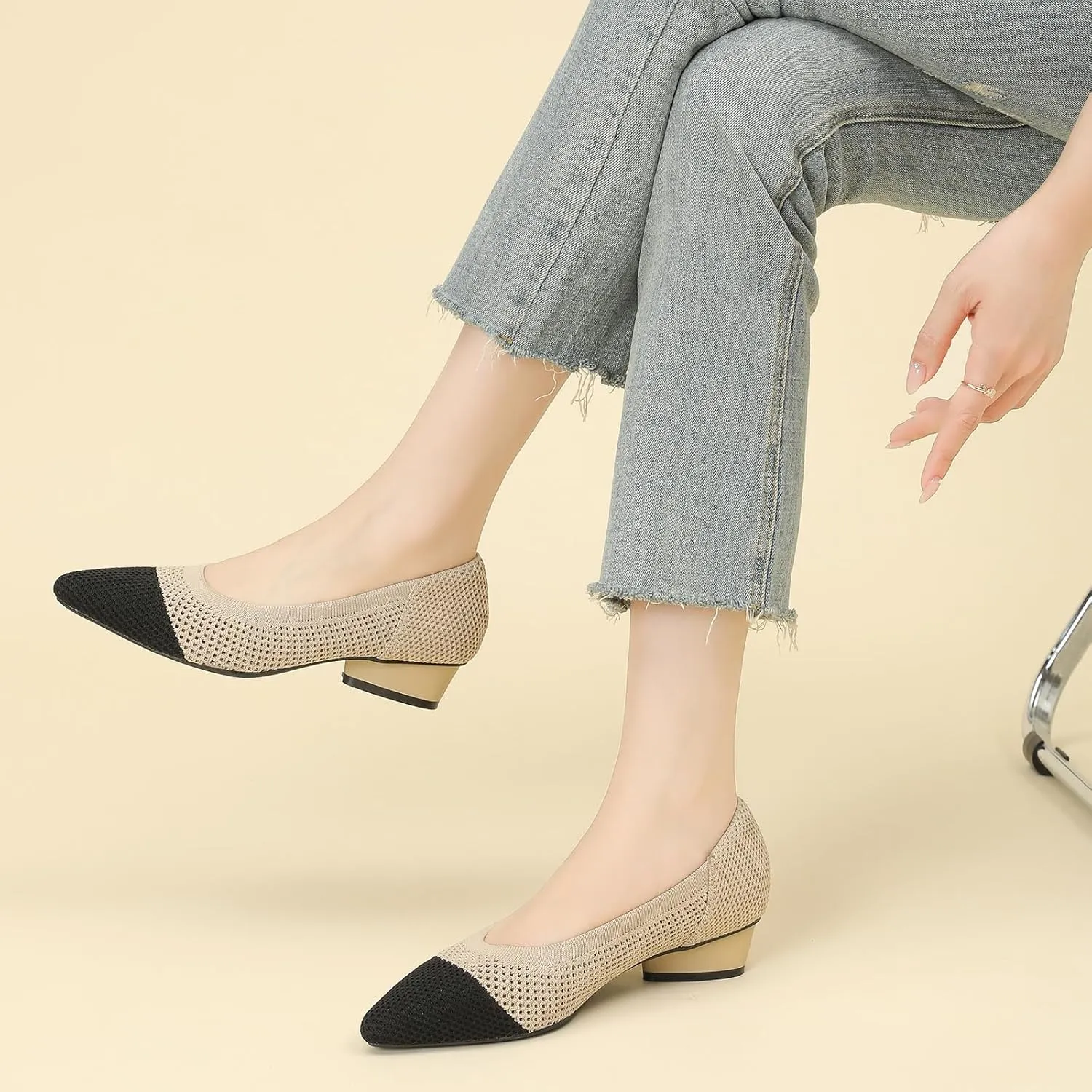 Women's Knit Pointed Toe Low Chunky Heel Pumps Fashion Mesh Hollow Shallow Mouth Slip On Low Heel Ballet Shoes Comfortable Breathable Casual Office Wedding Formal Dress Shoes