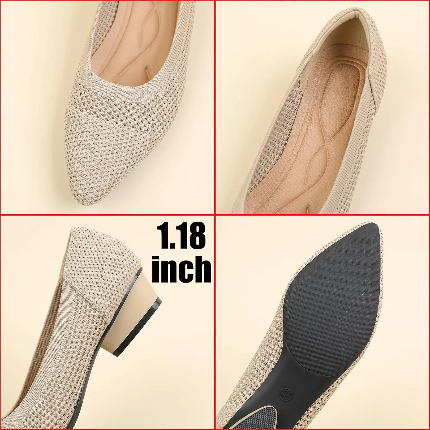 Women's Knit Pointed Toe Low Chunky Heel Pumps Fashion Mesh Hollow Shallow Mouth Slip On Low Heel Ballet Shoes Comfortable Breathable Casual Office Wedding Formal Dress Shoes