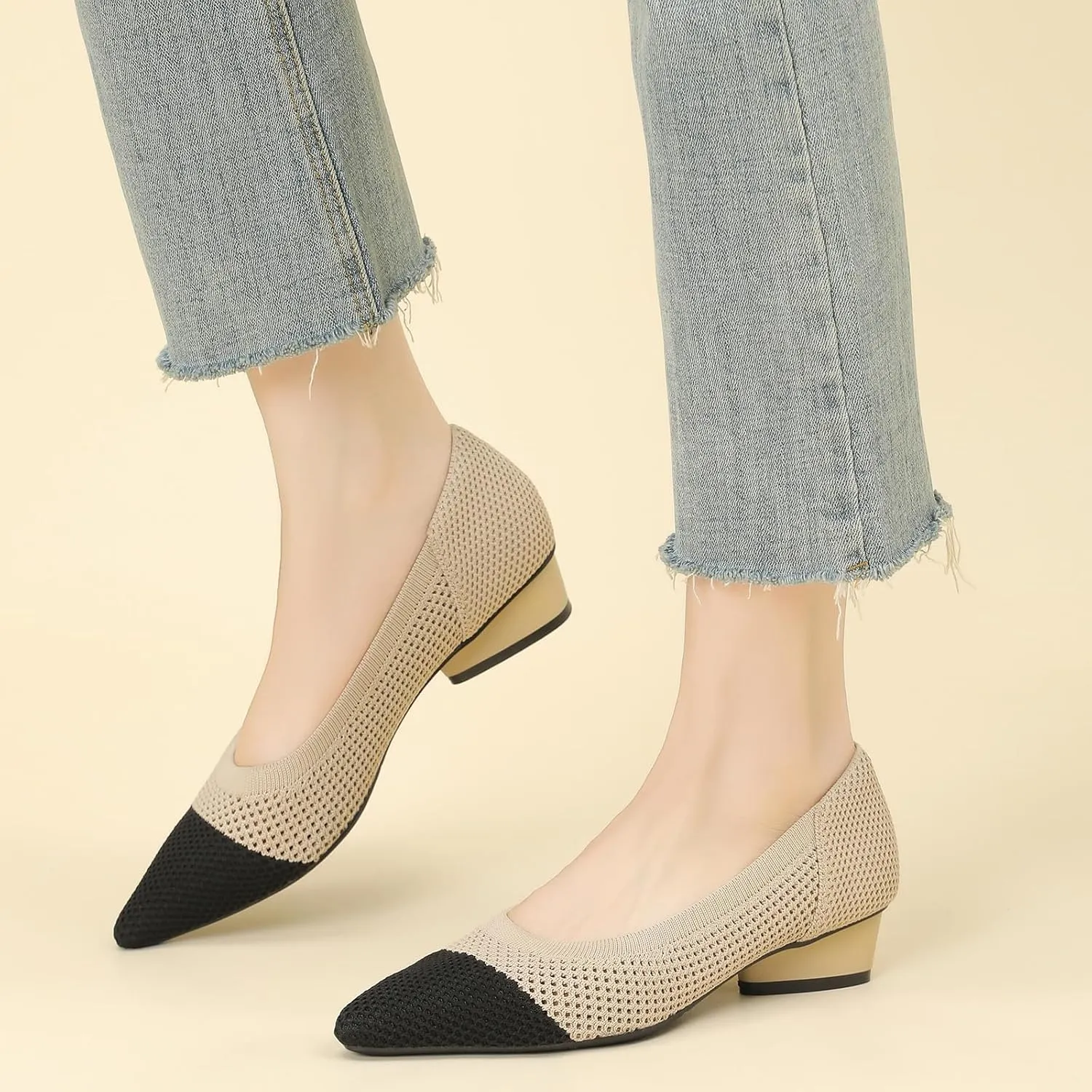 Women's Knit Pointed Toe Low Chunky Heel Pumps Fashion Mesh Hollow Shallow Mouth Slip On Low Heel Ballet Shoes Comfortable Breathable Casual Office Wedding Formal Dress Shoes