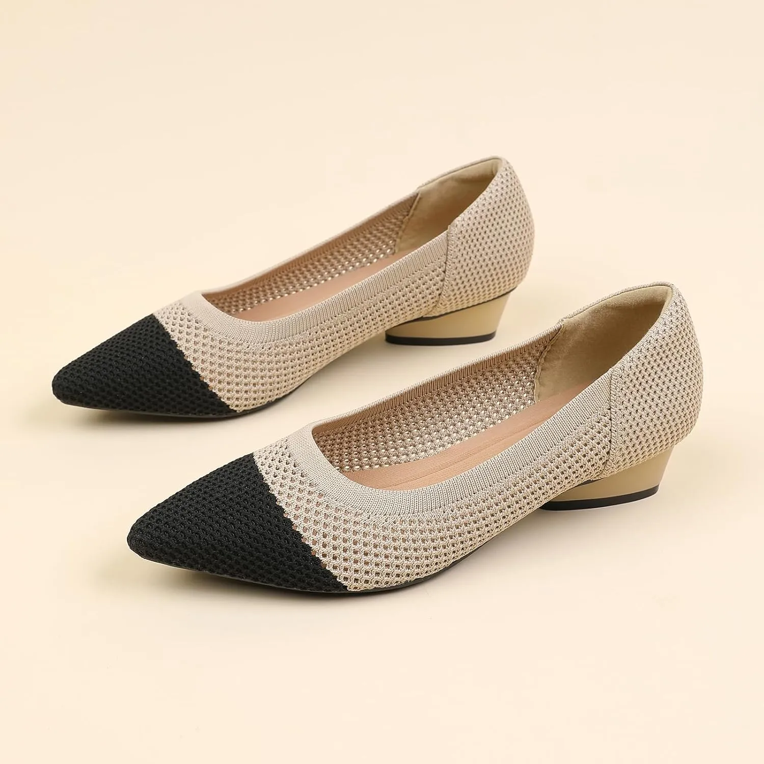 Women's Knit Pointed Toe Low Chunky Heel Pumps Fashion Mesh Hollow Shallow Mouth Slip On Low Heel Ballet Shoes Comfortable Breathable Casual Office Wedding Formal Dress Shoes