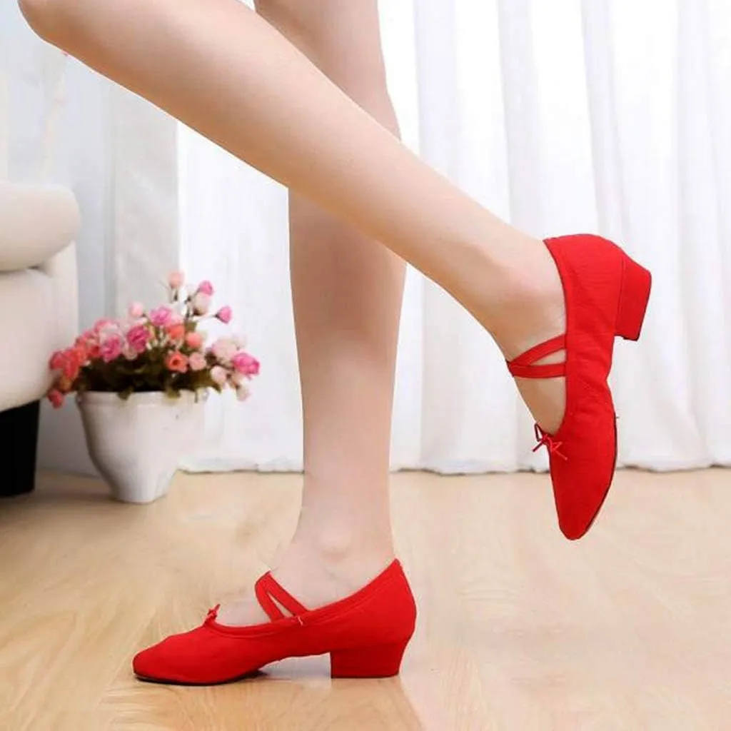 Womens Latin Dance Shoes Close Toe Beginner Ballroom Dance Practice Shoes Low Heel Canvas Tango Teaching Shoes