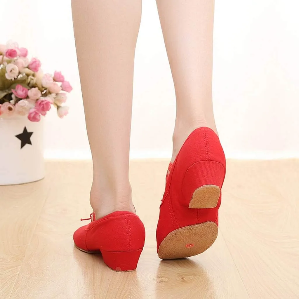 Womens Latin Dance Shoes Close Toe Beginner Ballroom Dance Practice Shoes Low Heel Canvas Tango Teaching Shoes