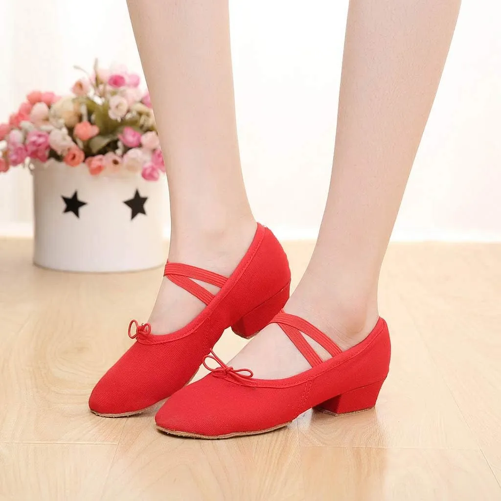 Womens Latin Dance Shoes Close Toe Beginner Ballroom Dance Practice Shoes Low Heel Canvas Tango Teaching Shoes
