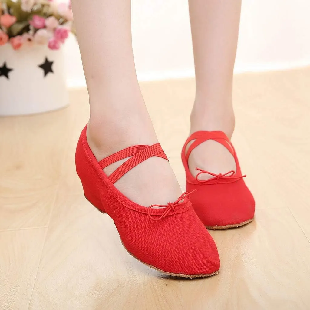 Womens Latin Dance Shoes Close Toe Beginner Ballroom Dance Practice Shoes Low Heel Canvas Tango Teaching Shoes