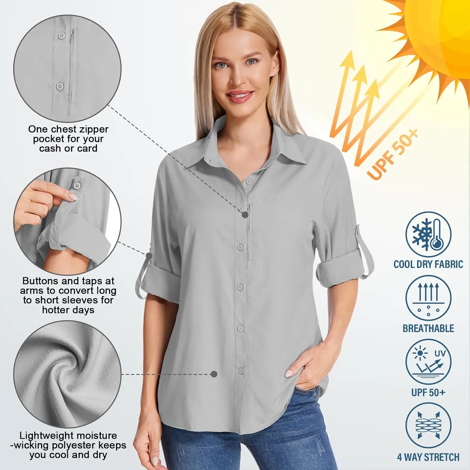 Women's Long Sleeve Safari Clothes UPF 50  Hiking Fishing Shirts,Sun Protection Quick Dry Light Cooling Shirts