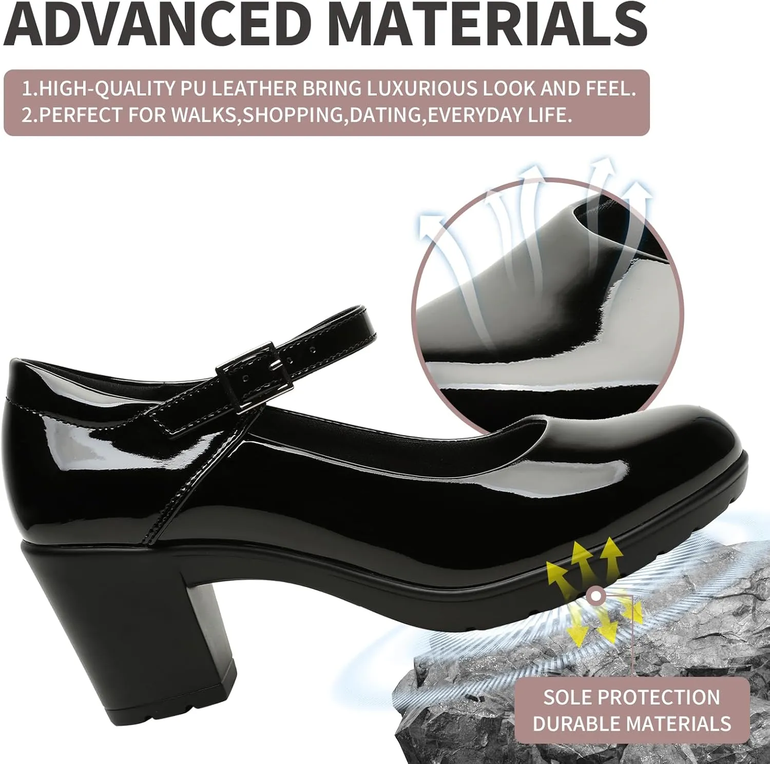 Womens Mary Jane Dress Shoes Chunky Low Block Heels 7CM Closed Toe Work Platform Pumps Dressy Orthopedic for Business Flight Wedding Office Ankle Strap Leather Casual Comfort with Arch Support
