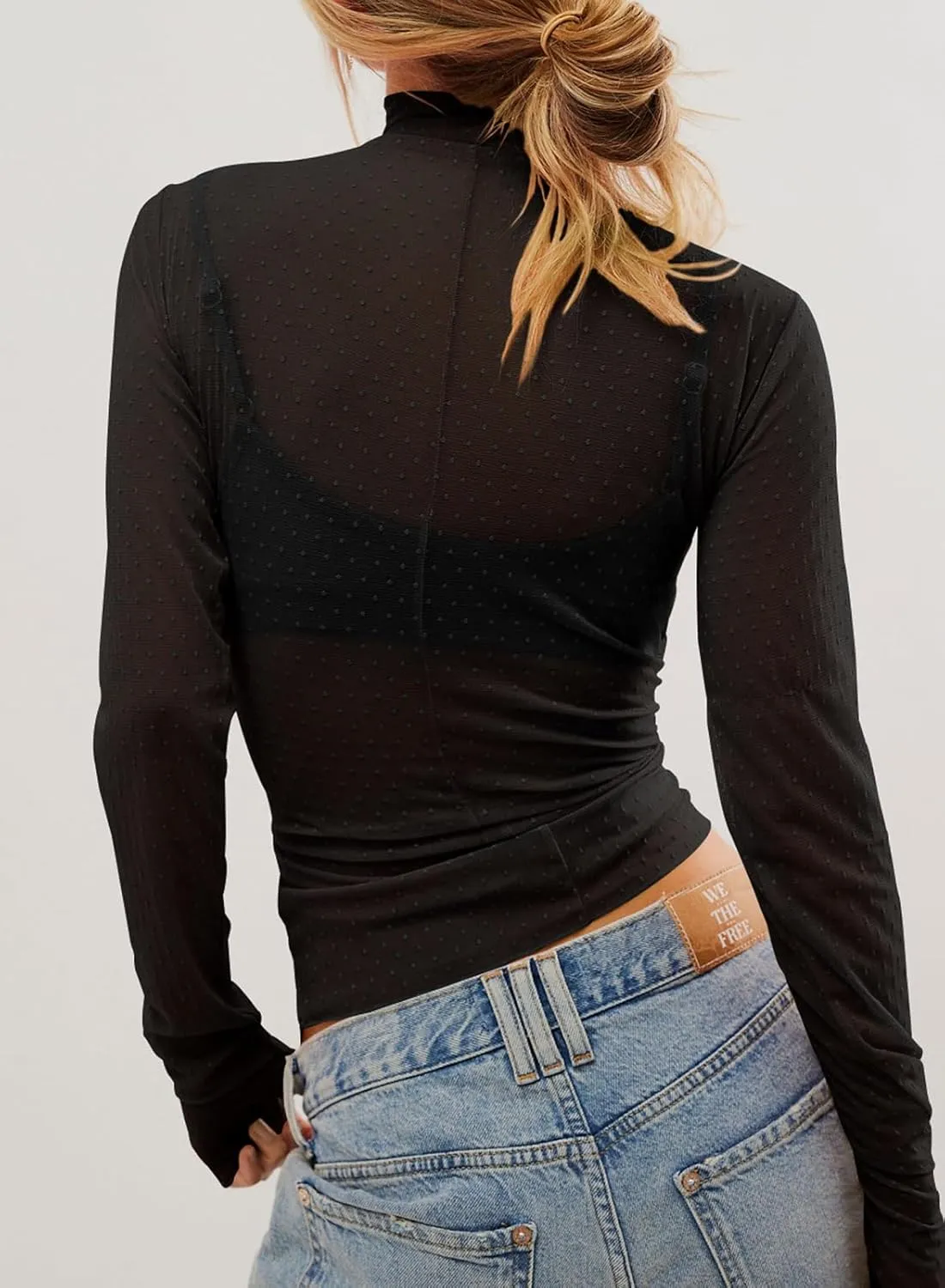 Womens Mesh Sheer Lace Laying Top Mock Neck Long Sleeve Polka Dot See Through Shirt Blouses Tops