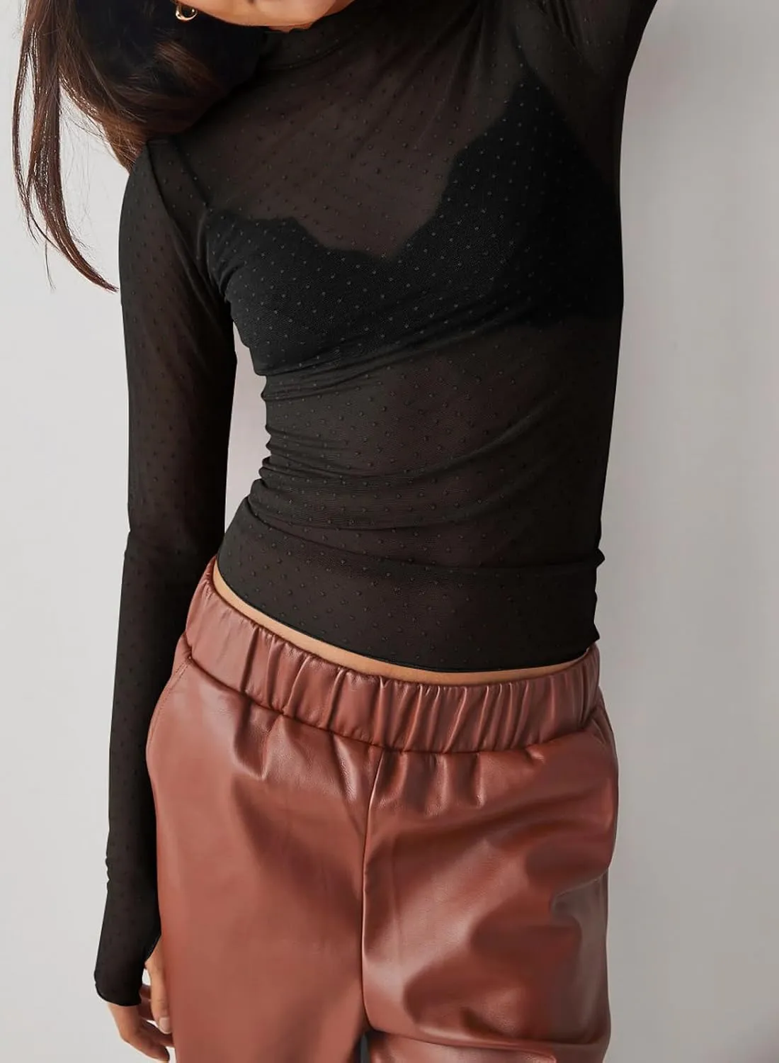 Womens Mesh Sheer Lace Laying Top Mock Neck Long Sleeve Polka Dot See Through Shirt Blouses Tops